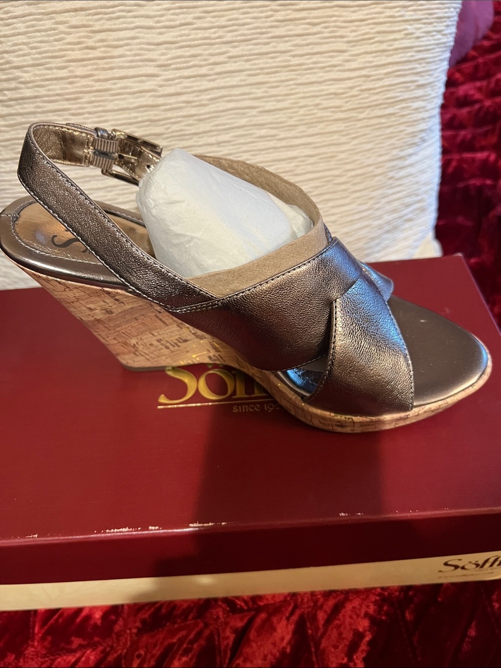 Sofft Zita Wedge Sandal in AnthraciteMetallic Leather Slingback Sz 8 NEW